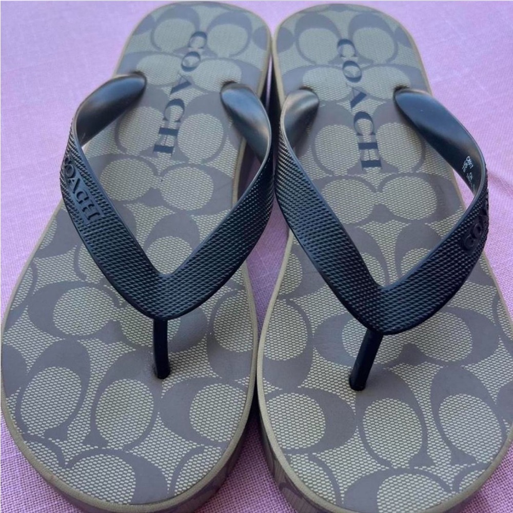Coach Black and Brown Patterned Flip Flops